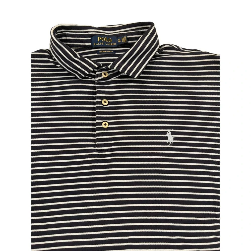 Polo Ralph Lauren Mens Custom Slim Fit Striped Polo Shirt Navy Blue XL